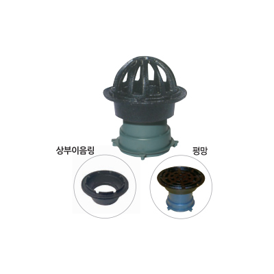 RD6100 타입은 Body(주철)와 Dome Grate(망, 주철)로 이루어져 있으며, 몸체(Body)는 P.V.C받침으로 Slab판에 고정시켜 일반APT의 P.V.C관과 연결이 이용하도록 제작됨.